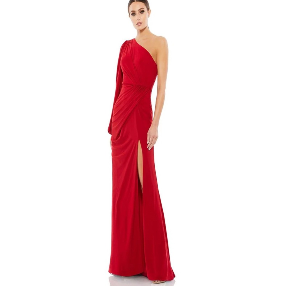 Mac Duggal Red One Shoulder Long Sleeve Draped Jersey Gown Dress